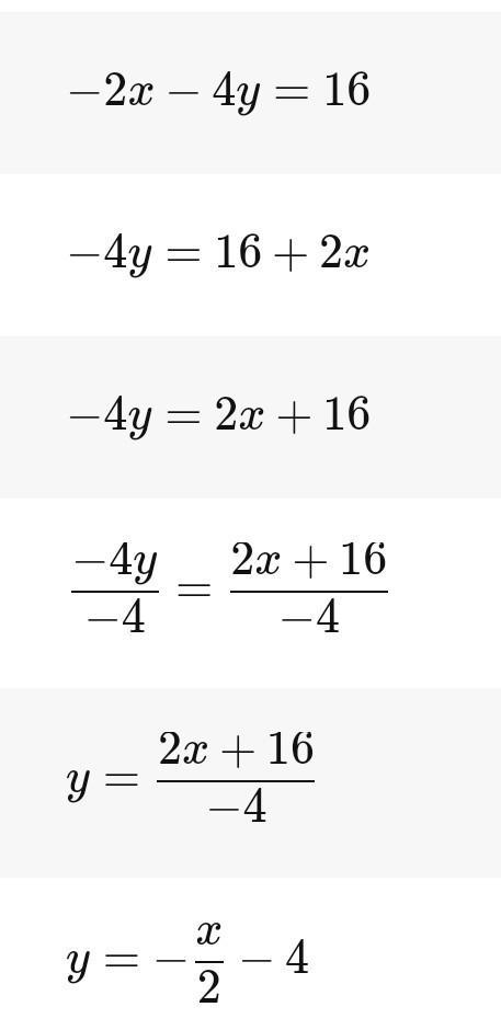 How do you solve -2x-4y=16-example-2