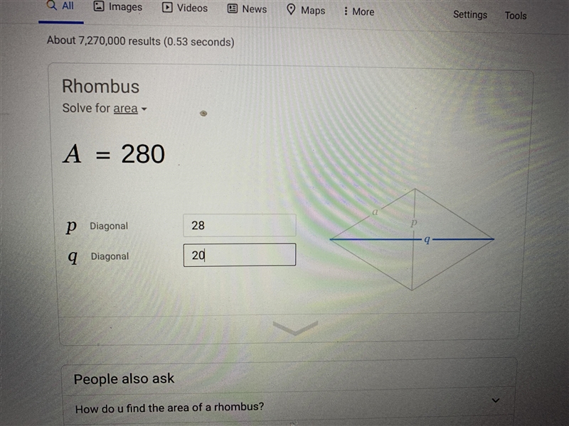 A. A kite in the shape of a rhombus. The diagonals of the rhombus are 20 inches and-example-1