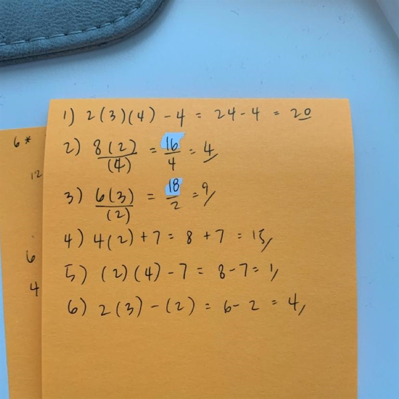 A=2. B=3. C=4 1) 2bc - 4= 2) 8a (divide) c= 3) 6b (divide) a= 4) 4a + 7 = 5) ac - 7= 6) 2b-example-1