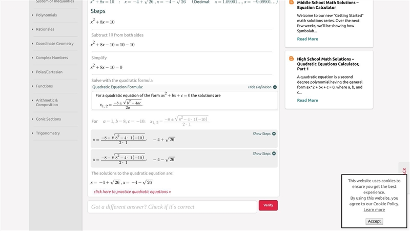 Solve this quadratic equation by completing the square. x2 + 8x= 10 A. X=-8 + V10 B-example-1