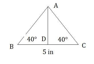 A triangle with 2 40 degree angles that surround a 5 inch side-example-1