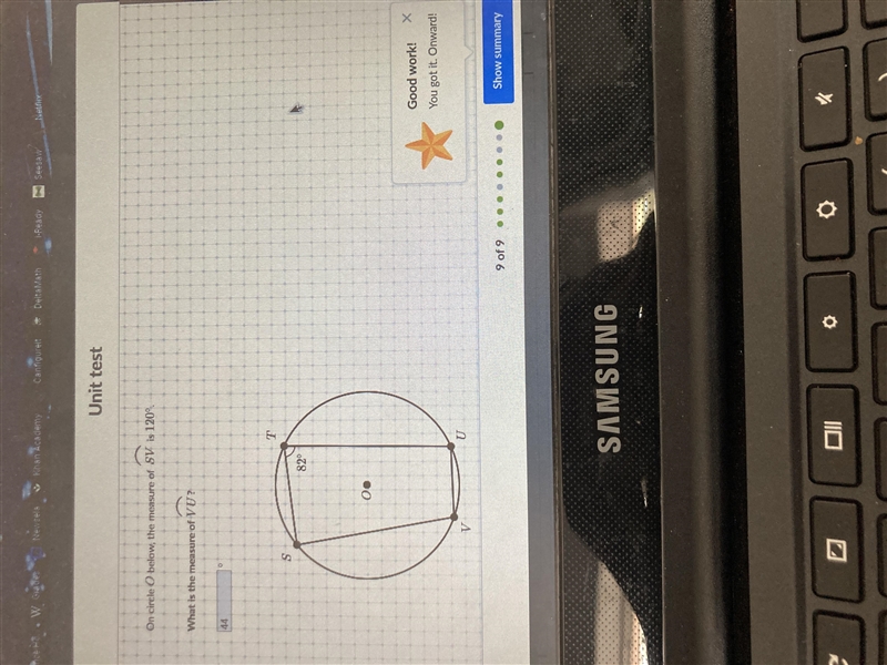 On circle O below, the measure of SV is 120°. What is the measure of VU?-example-1