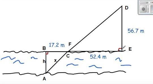 an engineer decides to use similar triangles to find the distance across the river-example-1