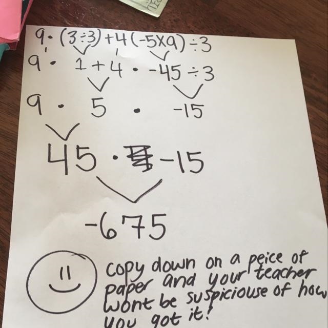 What is the answer to 9(3÷3) + 4( -5 x 9 ) ÷ 3 ???-example-1