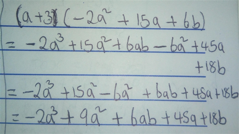 What is the product of a+3 and -2a2+15a+6b?-example-1