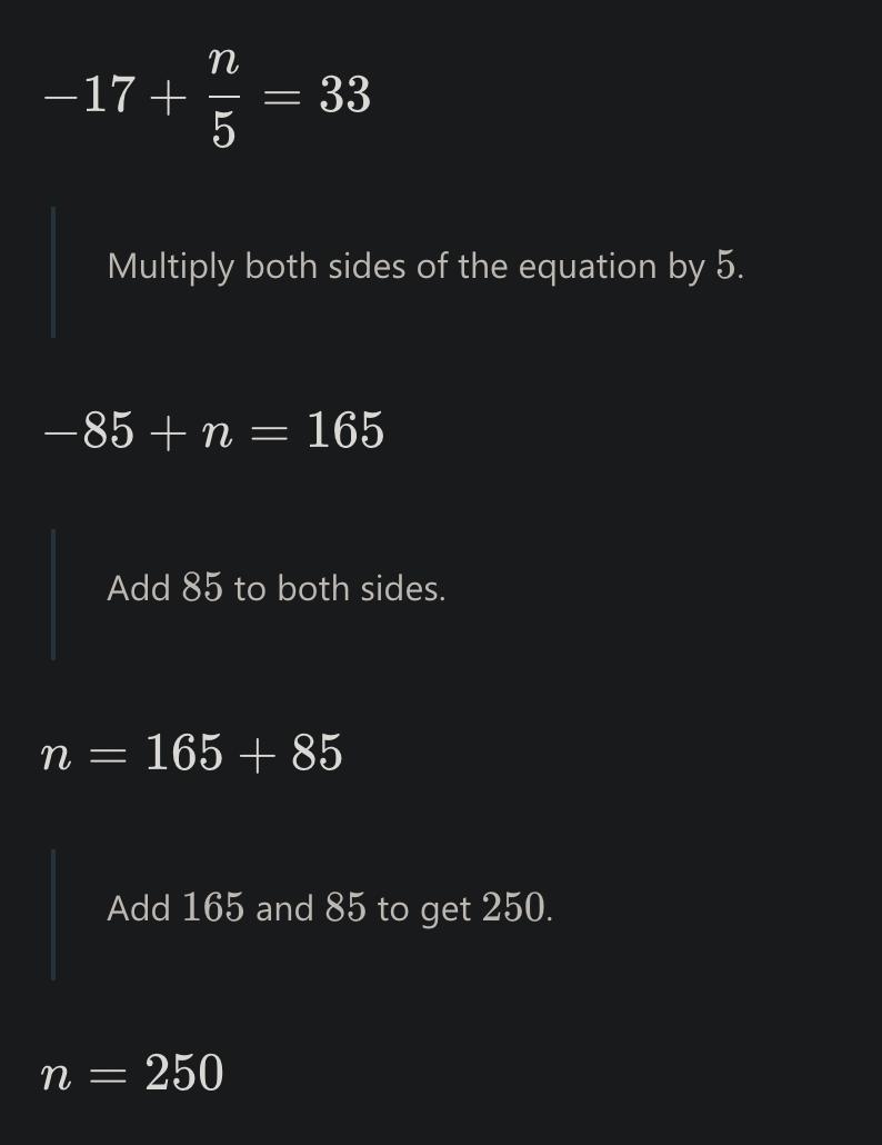 Solve the following equation, and check your solution. Show all of your work. −17+(n-example-1