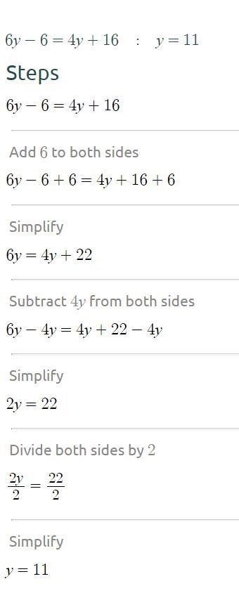 Please solve! 6y-6=4y+16-example-1