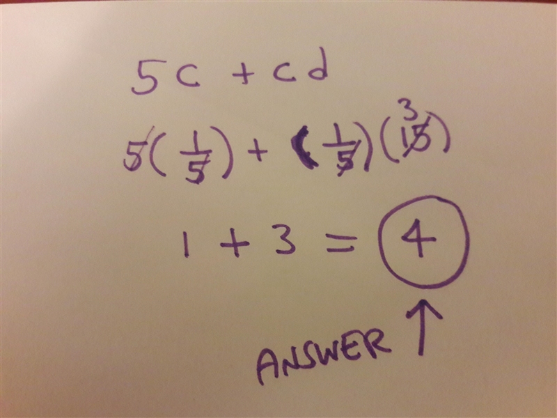 Evaluate 5c + cd when c = 1/5 and d = 15-example-1