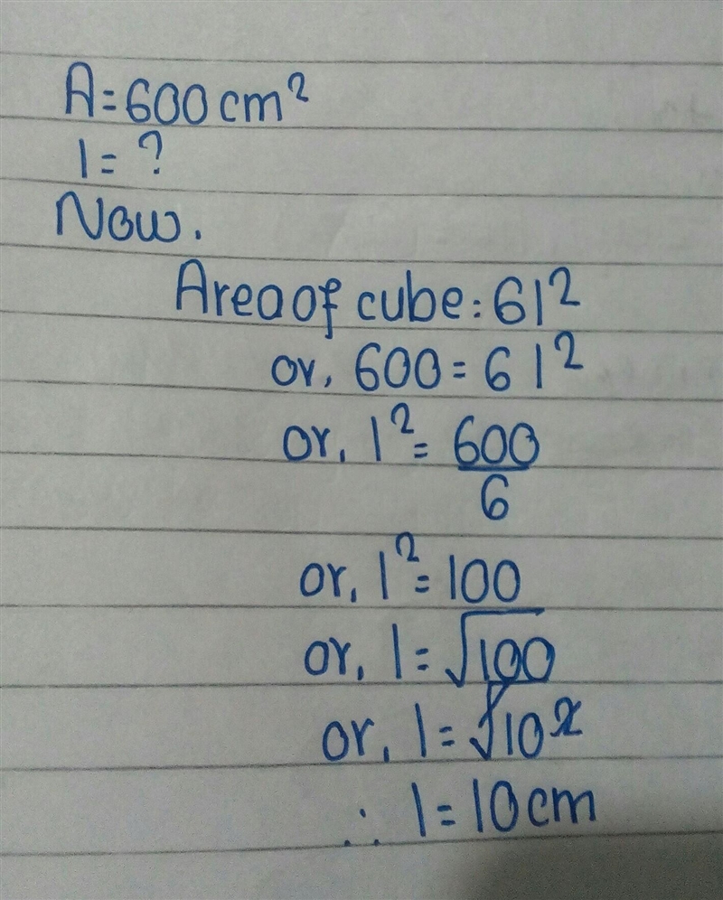 Find the side of a cube whose surface area is 600cm²-example-1