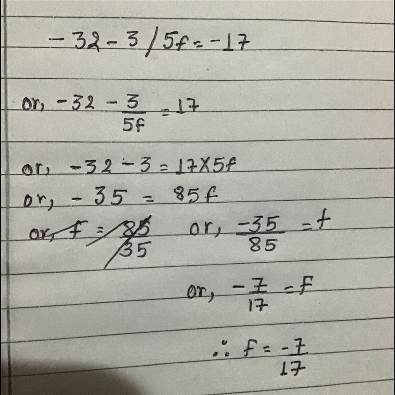 Find f –32 –3/5f = –17-example-1