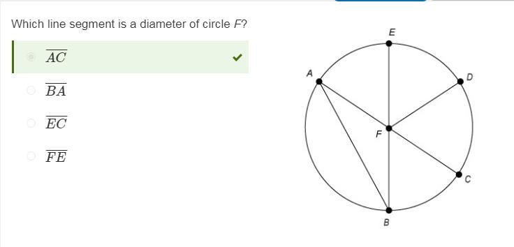 Which line segment is a diameter of circle F? FE BA AC EC-example-1