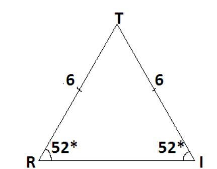 In 4TRI, we have TR = TI = 6 and ∠R = 52◦ . Find the measure of ∠T?-example-1