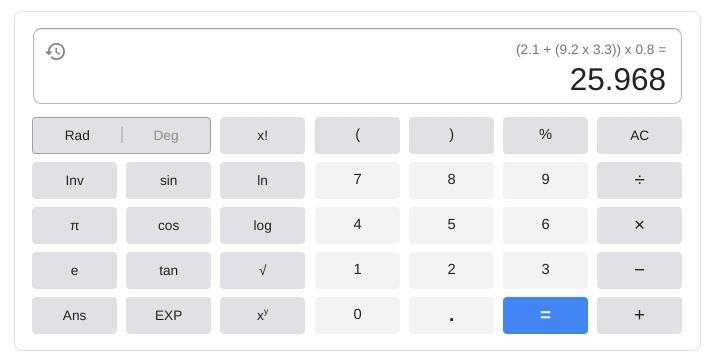 N. Solve the expression. Use PEMDAS [2.1+(9.2 x 3.3)] x 0.8= --example-1