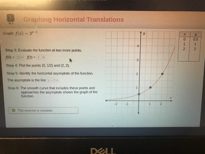 Graph: f(x) = 22-1 Step 1: Find the value of x that makes the exponent zero by solving-example-1