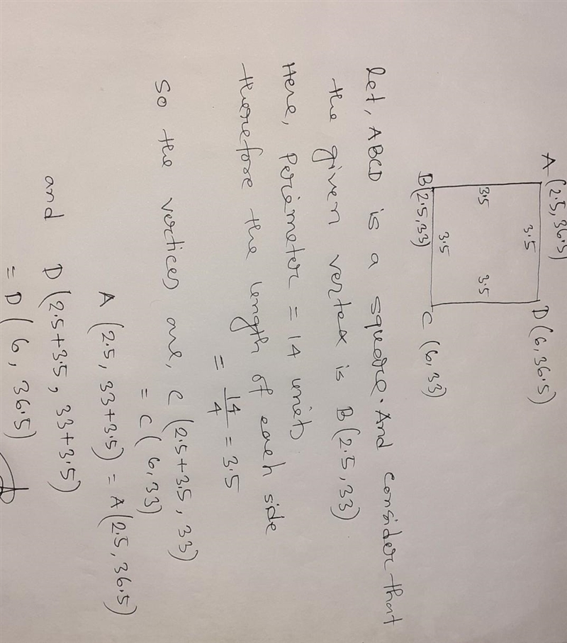 A square on a coordinate plane has one vertex at ​(2.5​,33​) and a perimeter of 14 units-example-1