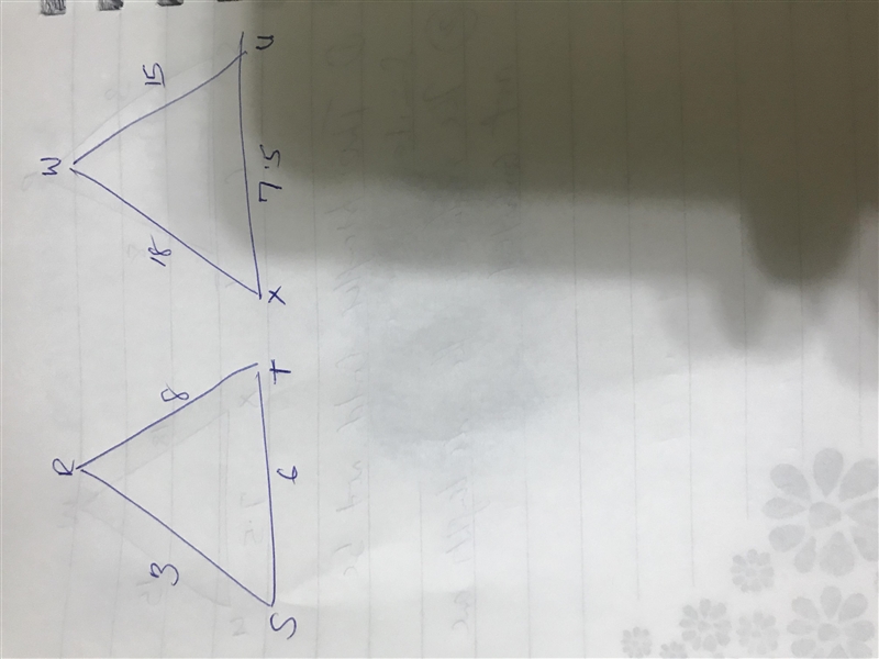 Mikel is determining if the two triangles below could be similar based on their side-example-1