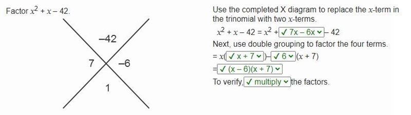 X2 + x - 42 = x2 + -7% - 6x -42 Next, use double grouping to factor the four terms-example-1