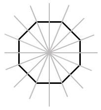 Which diagram represents a line of symmetry of the regular octagon? An octagon has-example-1