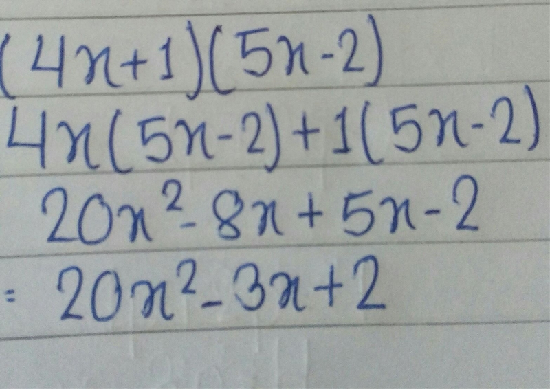 (4x+1)(5x-2) Multiplying polynomials-example-1