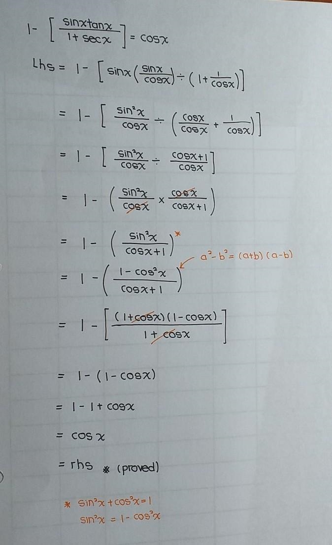 Verify that 1 - [(sinxtanx)/(1+secx)] = cosx-example-1