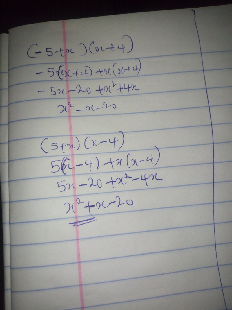 PLEASE HELP ME PLEASE PLEASE!!!! Is the product of -5 + x and x + 4 equal to the product-example-1