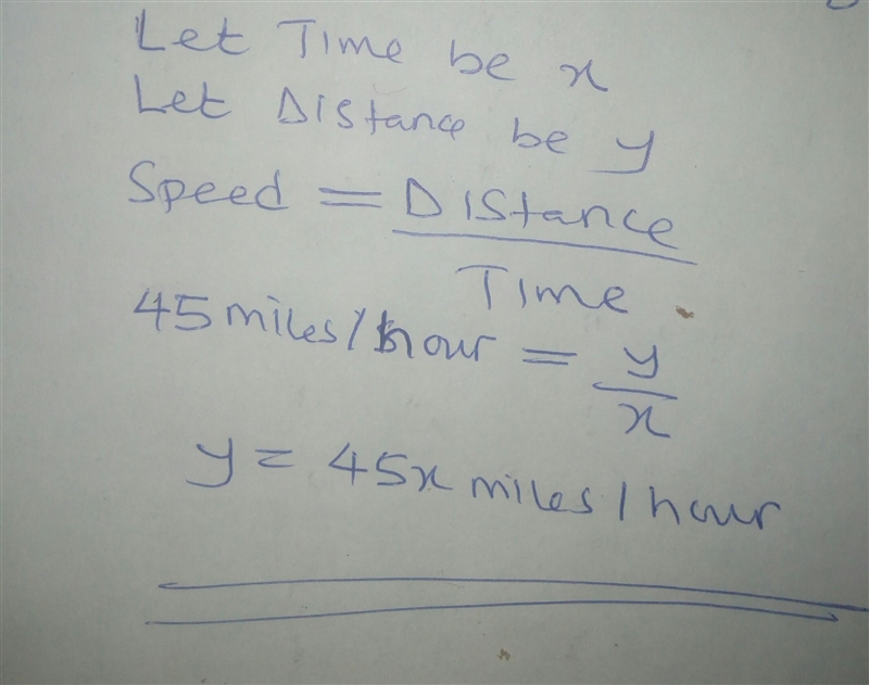 An elk was clocked running 45 miles per hour. Which equation shows the relationship-example-1