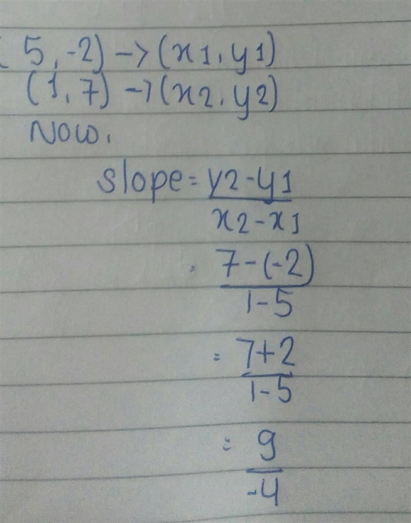 Determine the slope of the line through the point (5,-2) and (1,7)-example-1