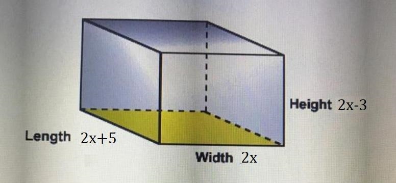 The volume of a rectangular box is 2x(2x + 5)(2x – 3). (Drawing is not to scale.) Which-example-1