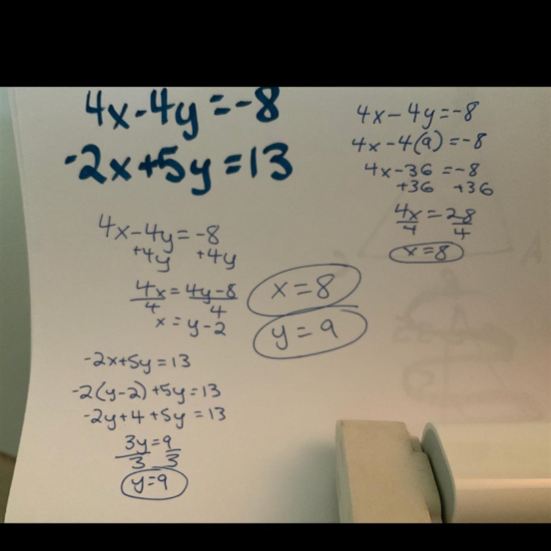 4x-4y=-8 -2x+5y=13 solve by substitution​-example-1