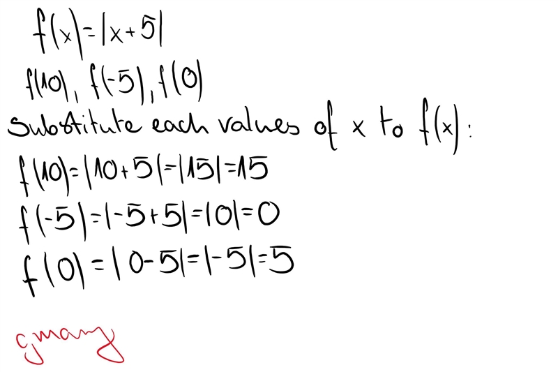 Given the function f(x)=|x+5|,find each of the following F(10),f(-5),f(0)-example-1