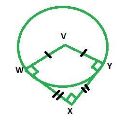 Angle X is a circumscribed angle of circle V. Circle V is shown. Line segments Y V-example-1