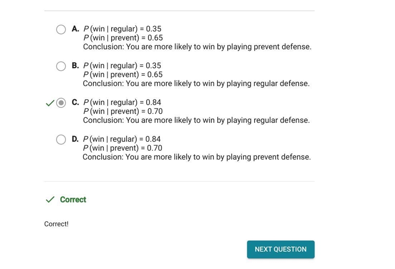 Compare the probability of winning when playing regular defense to the probability-example-1