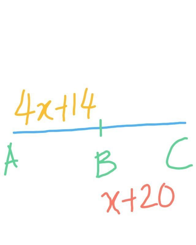 If B is the midpoint of AC and AB = 4x + 14 and BC = x + 20, determine how long AC-example-1