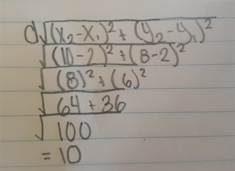 Use the distance formula to find the distance between the points (2,2) and (10, 8)-example-1