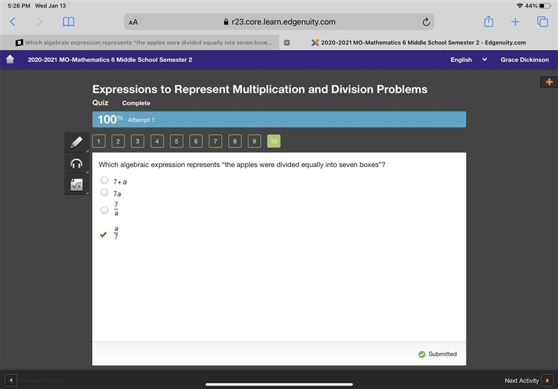 Which algebraic expression represents “the apples were divided equally into seven-example-1