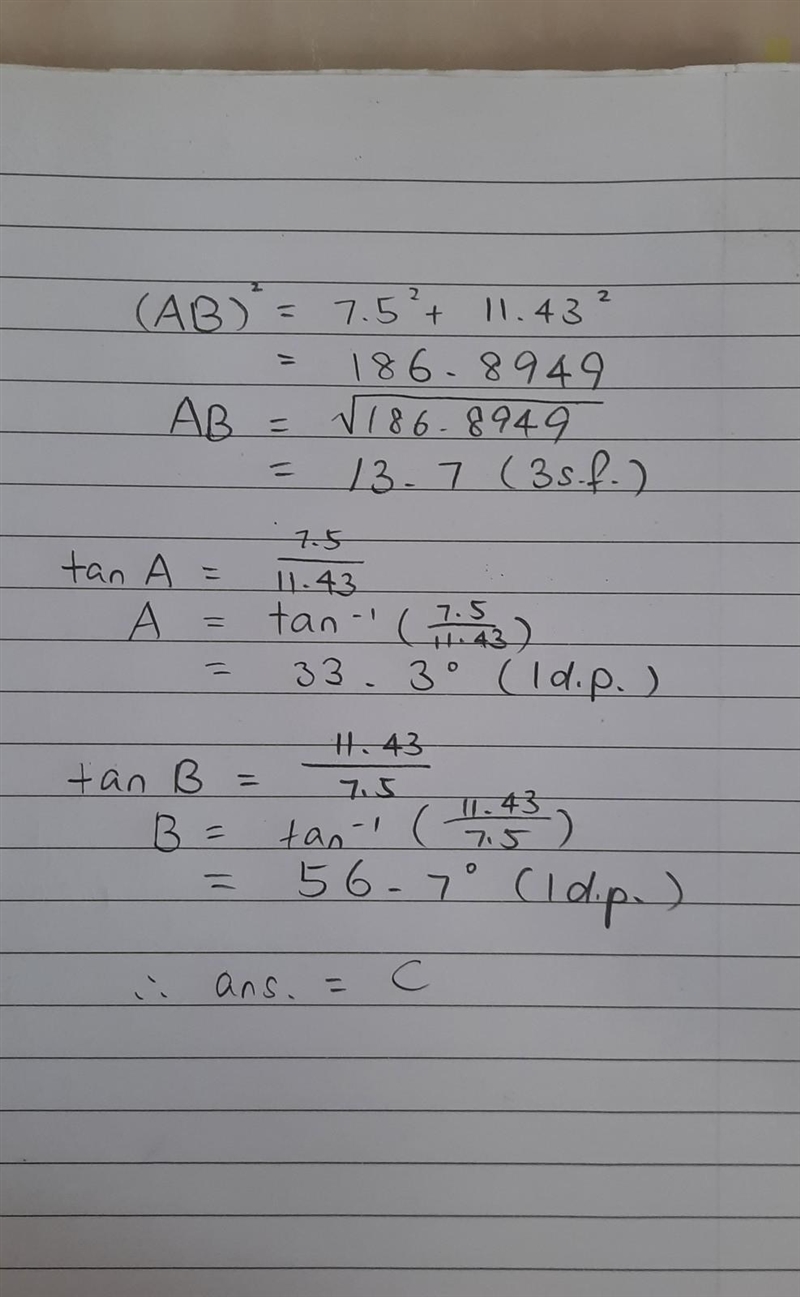 HELP PLS. solve the triangle shown in the figure. LC=90 degrees, BC=7.50mi, AC=11.43mi-example-1