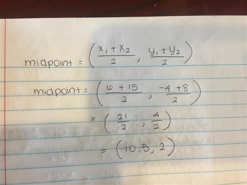 What is the midpoint of a line segment with endpoints at (6, -4) and (15,8)?-example-1