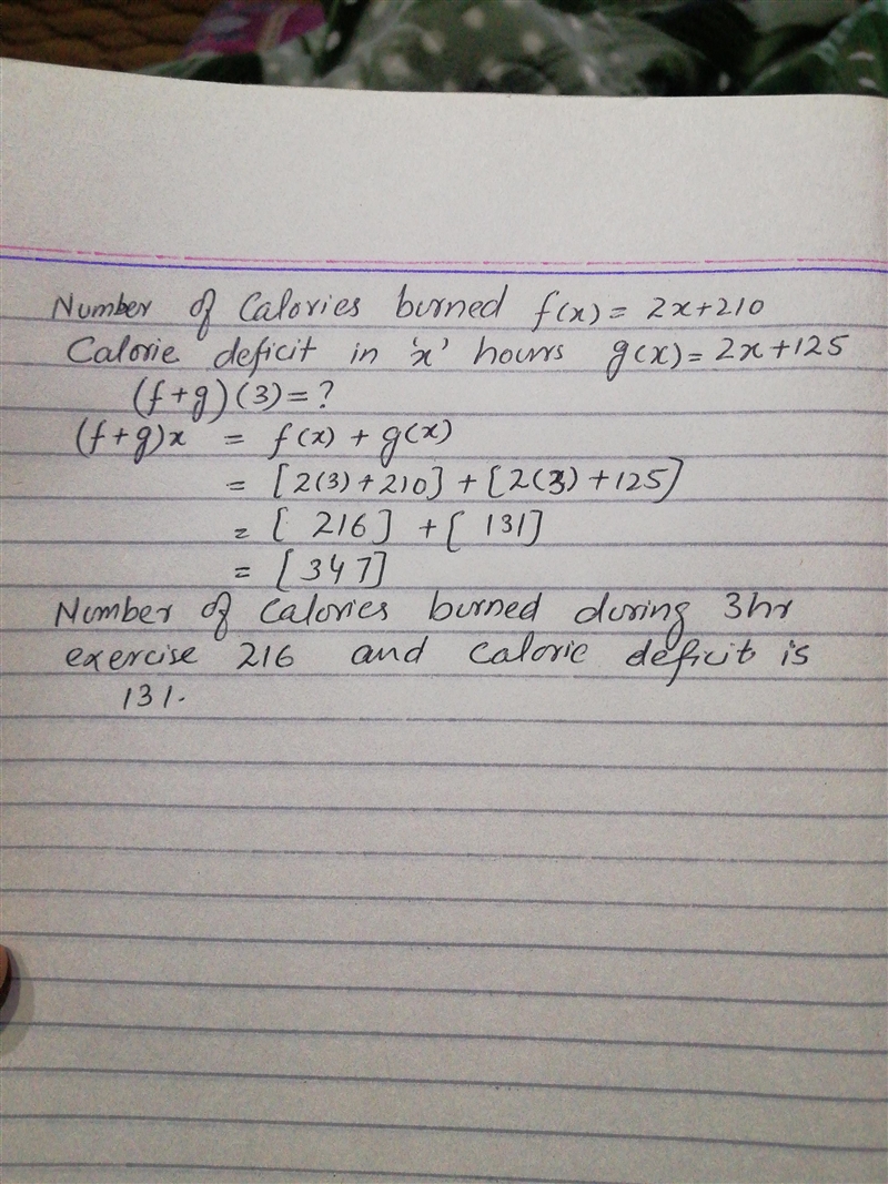 The function f(x) = 2x + 210 represents the number of calories burned when exercising-example-1