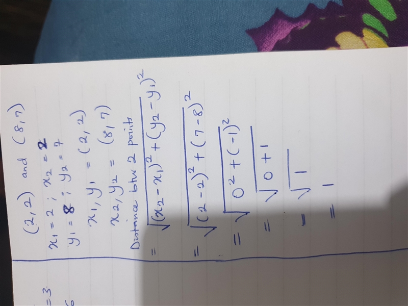 What is the distance between points (2,2) and (8,7)-example-1