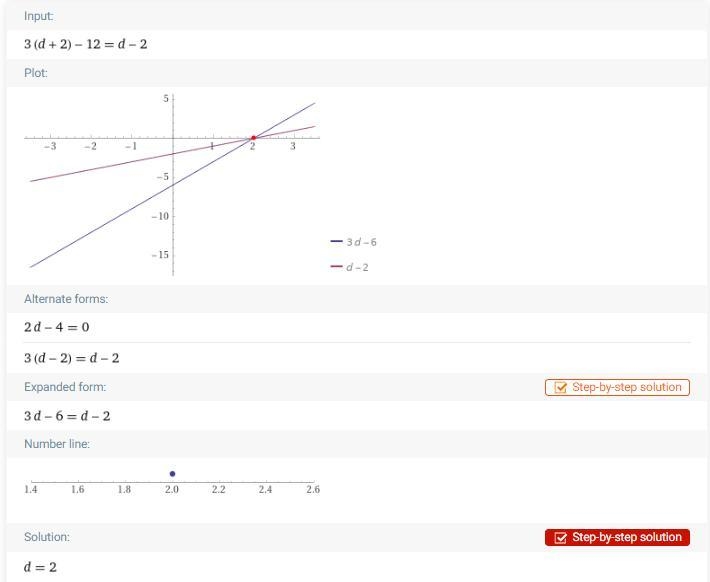 What is the sulution to this equation 3(d+2)-12=d-2-example-1