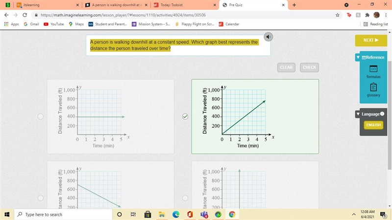 A person is walking downhill at a constant speed. Which graph best represents the-example-1