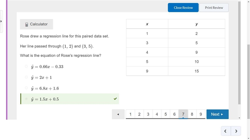 Mandy drew a regression line for this paired data set. Her line passed through (2, 9) and-example-1