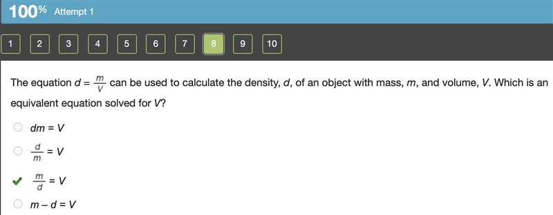 The equation d = d equals StartFraction m Over V EndFraction. can be used to calculate-example-1