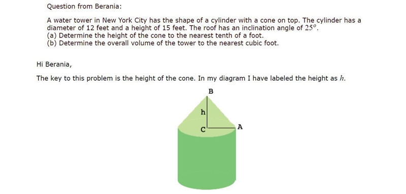 A water tower in New York City has the shape of a cylinder with a cone on top. The-example-1