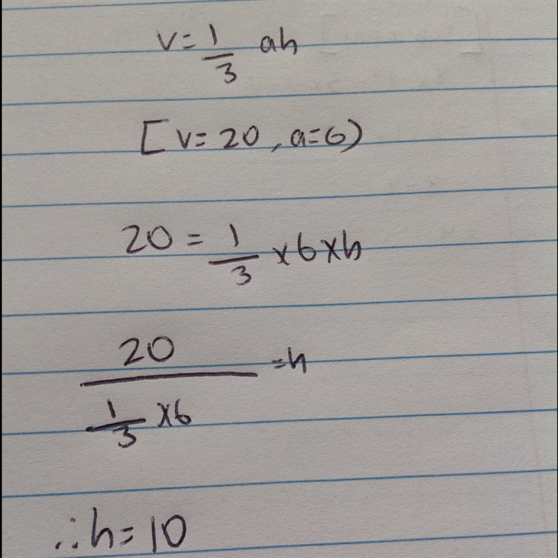 V = 1/3Ah when V = 20, A = 6 How do I multiply with the third?-example-1