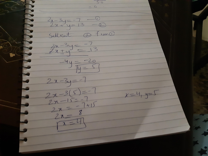 What does x and y equal to 2x-3y=-7 2x+y=13-example-1