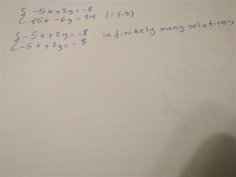 Determine if the following system of equations has no solutions, infinitely many solutions-example-1