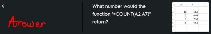 What number would the formula =COUNT (A2:A7) return-example-1