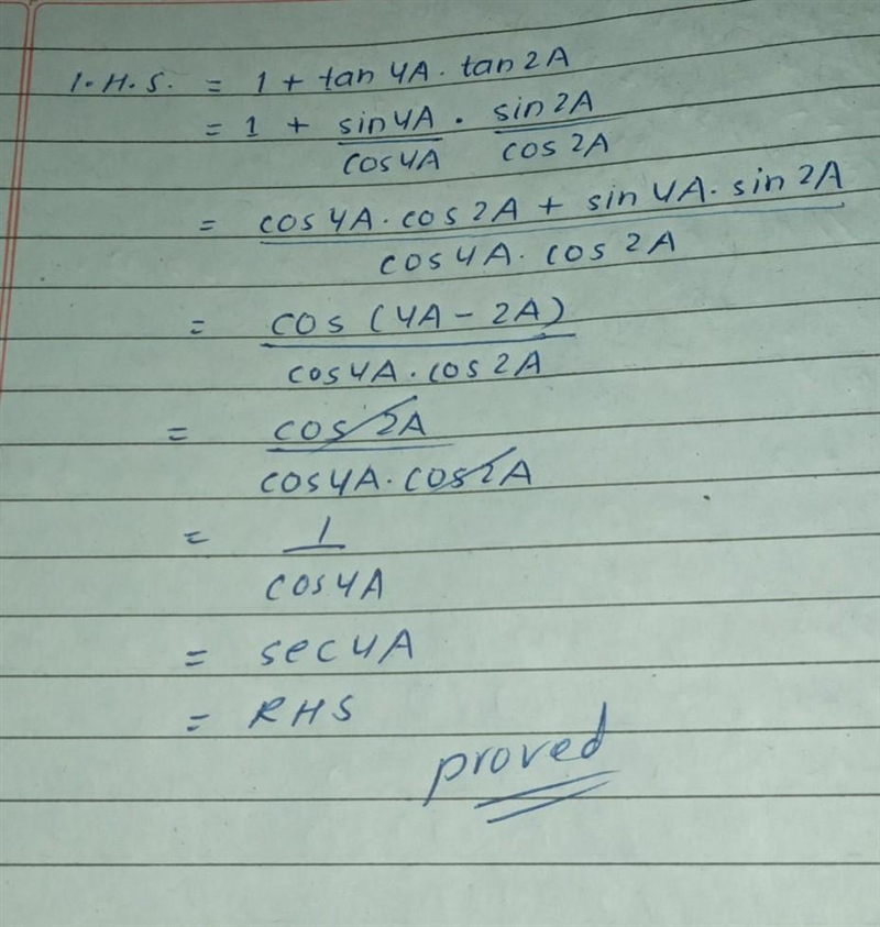 (k) 1 + tan 4A . tan 2A = sec 4A. Please help me.... question from multiple angle-example-1