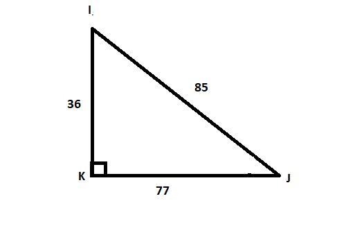 In ΔIJK, the measure of ∠K=90°, KJ = 77, IK = 36, and JI = 85. What ratio represents-example-1